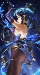 Rule 34 | 1girl, arm up, ass, bare shoulders, black gloves, black hair, black ribbon, blue eyes, blue leotard, blush, breasts, brown pantyhose, closed mouth, cowboy shot, detached sleeves, earrings, from side, genshin impact, gloves, hair ribbon, highres, hydrokinesis, ja mong, jewelry, leotard, long hair, long sleeves, looking at viewer, looking to the side, medium breasts, mona (genshin impact), no headwear, pantyhose, profile, ribbon, sideways glance, solo, strapless, strapless leotard, twintails, very long hair, water