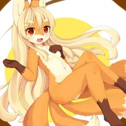 Rule 34 | 1girl, :d, animal ears, animal hands, blonde hair, blush, borrowed character, breasts, convenient censoring, covering one breast, covering privates, eyebrows, fangs, fox, fox ears, fox tail, furry, furry female, hair censor, hair over breasts, highres, kida kuro mu, kitsune, koko (kishibe), long hair, multiple tails, navel, nude, open mouth, original, red eyes, simple background, small breasts, smile, solo, stomach, tail, tareme, teeth, thick eyebrows, underboob, very long hair, white background