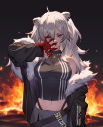 Rule 34 | 1girl, ahoge, animal ears, belt, black belt, black hair, black jacket, black shirt, blood, blood drop, blood on face, blood on hands, blurry, blurry background, breasts, cleavage, commentary, cowboy shot, ear piercing, fire, fur-trimmed jacket, fur trim, gradient hair, grey eyes, grey skirt, hair between eyes, hololive, izumi sai, jacket, jewelry, licking, licking blood, licking finger, lion ears, long hair, looking at viewer, medium breasts, midriff, miniskirt, multicolored hair, navel, necklace, off shoulder, open clothes, open jacket, piercing, see-through, see-through cleavage, shirt, shishiro botan, shishiro botan (1st costume), silver hair, skirt, sleeveless, sleeveless shirt, solo, striped clothes, striped shirt, taut clothes, taut shirt, two-tone hair, vertical-striped clothes, vertical-striped shirt, virtual youtuber, zipper skirt