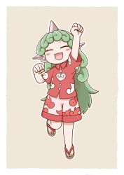 Rule 34 | 1girl, :3, :d, aged down, beige background, blush, commentary, curly hair, closed eyes, facing viewer, full body, grey background, hand up, horns, kariyushi shirt, komano aunn, long hair, open mouth, outline, paw pose, pointy ears, poronegi, red shirt, red shorts, sandals, shirt, short sleeves, shorts, simple background, single horn, smile, solo, standing, standing on one leg, touhou, very long hair