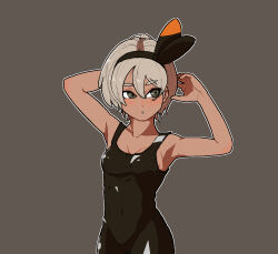 1girl 2049_(hh5566) armpits arms_behind_head arms_up bare_shoulders bea_(pokemon) black_bodysuit bodysuit breasts collarbone covered_navel dark-skinned_female dark_skin eyebrows female_focus game_freak grey_eyes grey_hair groin gym_leader hair_between_eyes hair_ornament hair_ribbon hairband light_blush looking_to_the_side matching_hair/eyes medium_breasts medium_hair neck nervous parted_lips pokemon pokemon_swsh ribbon shorts sidelocks simple_background skin_tight sleeveless sleeveless_bodysuit standing stomach tight_clothes toned toned_female toned_stomach unworn_shirt unworn_shorts