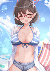 Rule 34 | 1girl, ayane (blue archive), ayane (swimsuit) (blue archive), bikini, bikini under clothes, blue archive, blue sky, blush, braid, breasts, brown eyes, brown hair, cloud, collarbone, commentary request, day, flower, front-tie bikini top, front-tie top, glasses, grey shorts, hair flower, hair ornament, halo, highres, hood, hood down, hooded jacket, horizon, jacket, large breasts, looking at viewer, ocean, open clothes, open jacket, outdoors, pointy ears, purple flower, red-framed eyewear, short shorts, shorts, sky, solo, striped bikini, striped clothes, swimsuit, water, white jacket, xenon (for achieve)