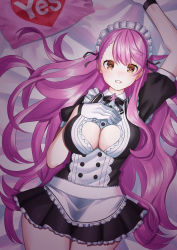 Rule 34 | 1girl, aboreen, aizono manami, breasts, brown eyes, cleavage, clothing cutout, gloves, hand on own chest, heart, heart-shaped pupils, heart cutout, large breasts, light blush, long hair, lying, maid, maid headdress, nijisanji, on back, on bed, pillow, purple hair, smile, solo, symbol-shaped pupils, underboob, underboob cutout, very long hair, virtual youtuber, white gloves