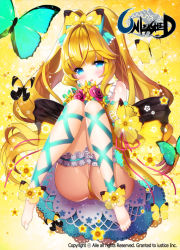 Rule 34 | 1girl, aile (crossroads), ankle lace-up, barefoot, blonde hair, blue eyes, blush, bridal garter, bug, butterfly, butterfly hair ornament, butterfly wings, character request, cross-laced footwear, dress, flower, hair ornament, insect, insect wings, long hair, long legs, open mouth, panties, pantyshot, rose, sitting, smile, solo, twintails, underwear, unleashed, wings, yellow dress, yellow panties