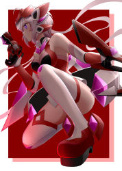 Rule 34 | 1girl, absurdres, blush, border, bow (weapon), breasts, cleavage, cleavage cutout, clothing cutout, crossbow, elbow gloves, from side, ginga no kou, gloves, grey hair, gun, handgun, highres, holding, holding gun, holding weapon, long hair, low twintails, medium breasts, outside border, parted lips, purple eyes, red background, red footwear, revolver, senki zesshou symphogear, solo, squatting, thighhighs, twintails, very long hair, weapon, white border, white gloves, yukine chris
