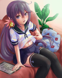 Rule 34 | 1girl, akebono (kancolle), anchor print, bell, black thighhighs, blue skirt, character print, clothes lift, couch, em s, enemy lifebuoy (kancolle), flower, hair bell, hair between eyes, hair flower, hair ornament, highres, jingle bell, kantai collection, lifted by self, long hair, midriff peek, pillow, plant, pleated skirt, potted plant, purple eyes, purple hair, school uniform, serafuku, shirt lift, short sleeves, side ponytail, sitting, skirt, solo, thighhighs, very long hair
