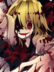 Rule 34 | 1girl, blonde hair, blood, bloody tears, blouse, bow, crazy eyes, crazy smile, darkness, frayed clothes, grin, hair bow, hair ribbon, nikorashi-ka, open mouth, outstretched arms, red bow, red eyes, red ribbon, ribbon, rumia, shadow, sharp teeth, shirt, short hair, smile, solo, teeth, touhou, upper body, vest, white shirt, wing collar