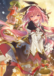 Rule 34 | 1boy, 1girl, absurdres, astolfo (fate), astolfo (saber) (fate), astolfo (saber) (third ascension) (fate), bell, black bow, black gloves, black pantyhose, black ribbon, blush, bow, bowtie, character request, commentary request, dress, fang, fate/grand order, fate (series), florence nightingale (fate), florence nightingale (santa) (fate), gloves, hair bow, hair intakes, hair ribbon, highres, holding, holding bell, holding umbrella, jacket, long hair, long sleeves, looking at viewer, multicolored hair, pantyhose, pink hair, purple eyes, purple hair, red jacket, ribbon, skin fang, smile, solo focus, streaked hair, tamu (tamurarucaffe1226), tongue, trap, twintails, umbrella, white hair