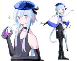 Rule 34 | 1boy, absurdres, arknights, bare shoulders, bendy straw, beret, black gloves, black pantyhose, black shorts, black tank top, blue hair, blue headwear, capelet, closed mouth, closed umbrella, collarbone, cup, disposable cup, drinking straw, elbow gloves, gloves, gradient hair, hair between eyes, hat, highres, holding, holding cup, holding umbrella, hood, hood down, hooded capelet, long hair, male focus, mizuki (arknights), multicolored hair, multiple views, pantyhose, pantyhose under shorts, pink eyes, pink hair, purple eyes, shorts, simple background, smile, spam (spamham4506), sparkle, tank top, umbrella, very long hair, white background, white capelet, white umbrella
