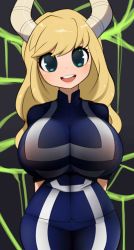 Rule 34 | 1girl, abstract background, absurdres, blonde hair, blue eyes, blush, boku no hero academia, breasts, curvy, highres, horns, huge breasts, long hair, looking at viewer, open mouth, postblue98, smile, solo, teeth, track suit, tsunotori pony, upper teeth only, wide hips