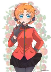 Rule 34 | 1girl, black bow, black gloves, black pantyhose, black skirt, blue eyes, bow, braid, closed mouth, commentary, cowboy shot, epaulettes, floral background, flower, girls und panzer, glove pull, gloves, hair bow, hand on own hip, highres, insignia, jacket, long sleeves, looking at viewer, military, military uniform, miniskirt, mouth hold, namatyoco, orange hair, orange pekoe (girls und panzer), pantyhose, parted bangs, pleated skirt, red flower, red jacket, red rose, rose, short hair, skirt, smile, solo, st. gloriana&#039;s military uniform, standing, twin braids, twitter username, uniform, white background