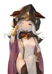 Rule 34 | 1girl, animal ears, bad id, bad twitter id, breasts, ears through headwear, erune, granblue fantasy, hood, looking at viewer, one eye closed, red eyes, reido (reido c), scathacha (granblue fantasy), sideboob, solo, white background, white hair