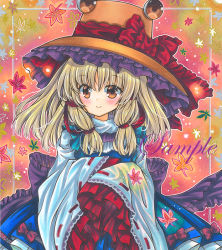 Rule 34 | 1girl, autumn leaves, back bow, blonde hair, blue skirt, blue vest, bow, brown eyes, brown hat, closed mouth, cowboy shot, frilled bow, frilled hat, frilled skirt, frills, hair ribbon, hat, hat ribbon, leaf, leaf background, looking at viewer, marker (medium), medium hair, moriya suwako, purple bow, red ribbon, ribbon, ribbon-trimmed sleeves, ribbon trim, rui (sugar3), sample watermark, shirt, skirt, sleeves past fingers, sleeves past wrists, smile, solo, touhou, traditional media, turtleneck, vest, watermark, white shirt, wide sleeves