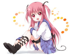 Rule 34 | 10s, 1girl, :d, angel beats!, ankle lace-up, bat wings, cross-laced footwear, emblem, from side, full body, leg ribbon, long hair, md5 mismatch, namori, open mouth, pink eyes, pink hair, resolution mismatch, ribbon, school uniform, serafuku, short twintails, sitting, smile, solo, source smaller, tail, thigh strap, twintails, two side up, wings, yui (angel beats!)