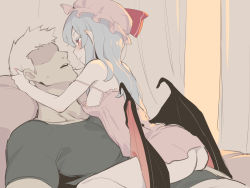 Rule 34 | 1boy, 1girl, ass, asutora, bat wings, blue hair, blush, breasts, camisole, hat, hetero, long hair, looking at another, medium breasts, mob cap, nipples, pink headwear, pointy ears, red eyes, remilia scarlet, saliva, saliva trail, sitting, sitting on person, solo focus, touhou, wings