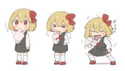 Rule 34 | 1girl, ascot, black skirt, black vest, blonde hair, blush stickers, bow, citrus (place), closed eyes, commentary, cotton candy, eating, fang, fangs, hair bow, long sleeves, open mouth, red ascot, red bow, red eyes, red footwear, rumia, shirt, short hair, simple background, skirt, skirt set, socks, solo, sweat, time lapse, touhou, translated, vest, white background