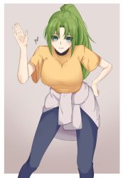 Rule 34 | 1girl, absurdres, blush, border, breasts, clothes around waist, code nt, denim, english text, gradient background, green eyes, green hair, grey background, grey sweater, hand on own hip, highres, higurashi no naku koro ni, jeans, large breasts, leaning forward, looking at viewer, outside border, pants, ponytail, shirt, smile, solo, sonozaki mion, sweater, sweater around waist, waving, white border, yellow shirt