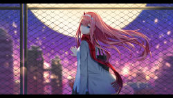 Rule 34 | 10s, 1girl, bag, blue eyes, blurry, blurry background, chain-link fence, cityscape, closed mouth, coat, darling in the franxx, depth of field, fence, fringe trim, full moon, green skirt, grey coat, grey jacket, highres, horns, jacket, ji dao ji, lens flare, long hair, long sleeves, looking at viewer, moon, night, open clothes, open jacket, outdoors, pink hair, plaid, plaid skirt, purple sky, red scarf, scarf, shirt, shopping bag, skirt, sky, smile, solo, upper body, very long hair, white shirt, zero two (darling in the franxx)