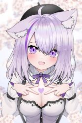 Rule 34 | 1girl, ahoge, animal ear fluff, animal ears, beret, blush, breasts, cat ears, cat girl, chest tattoo, cleavage, cleavage cutout, clothing cutout, commentary, double v, fang, hat, heart, heart on chest, heart tattoo, highres, hololive, kaisin ao, large breasts, long sleeves, looking at viewer, multicolored hair, nekomata okayu, nekomata okayu (wonderland), official alternate costume, open mouth, purple eyes, purple hair, purple ribbon, ribbon, shirt, solo, streaked hair, suspenders, tattoo, upper body, v, virtual youtuber, white shirt