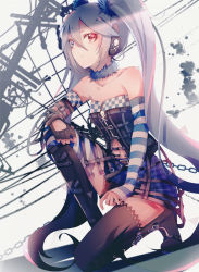 Rule 34 | 1girl, asymmetrical clothes, asymmetrical legwear, bananaxcs7, bare shoulders, black thighhighs, blue hair, boots, buckle, chain, checkered clothes, checkered skirt, collarbone, elbow gloves, fingerless gloves, gloves, hatsune miku, headphones, heterochromia, high heel boots, high heels, knee boots, long hair, mismatched legwear, on one knee, pale skin, project diva (series), project diva x, rockin stone (module), shorts, shorts under skirt, sketch, skirt, skull and crossbones, solo, strap, striped clothes, striped thighhighs, thighhighs, twintails, very long hair, vocaloid