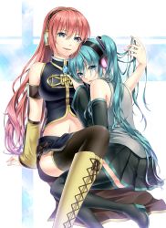 Rule 34 | 2girls, :d, :o, aqua eyes, aqua hair, aqua nails, arm support, armband, asymmetrical sleeves, bad id, bad pixiv id, bare shoulders, belt, black detached sleeves, black legwear, black skirt, blue eyes, boots, grabbing another&#039;s breast, breasts, brooch, collared shirt, couple, cross-laced footwear, detached sleeves, female focus, gem, grabbing, grabbing another&#039;s hair, hair between eyes, hatsune miku, headphones, high heel boots, high heels, hinase kanoto, jewelry, knee up, lace-up boots, large breasts, long hair, long skirt, looking at viewer, looking back, megurine luka, multiple belts, multiple girls, nail polish, open mouth, pink hair, pink nails, red hair, blue gemstone, shirt, side slit, single sleeve, sitting, skirt, sleeveless, sleeveless shirt, sleeveless turtleneck, smile, thigh boots, thighhighs, turtleneck, twintails, uneven sleeves, very long hair, vocaloid, yellow detached sleeves, yuri