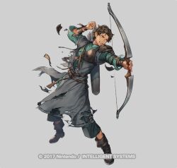 Rule 34 | armor, arrow (projectile), boots, bow (weapon), brown footwear, brown hair, copyright name, cyril (fire emblem), dark-skinned male, dark skin, fire emblem, fire emblem: three houses, fire emblem heroes, green shirt, holding, holding bow (weapon), holding weapon, leather, leather boots, long sleeves, male focus, nintendo, official art, p-nekor, reaching, red eyes, shirt, shoulder armor, solo, torn clothes, weapon