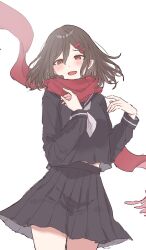 Rule 34 | 1girl, black shirt, black skirt, blush, brown hair, cowboy shot, hair ornament, hairclip, highres, kagerou project, long sleeves, looking at viewer, medium hair, neckerchief, parted lips, red eyes, red scarf, scarf, seijyohu, shirt, simple background, skirt, smile, solo, tateyama ayano, white background, white neckerchief, wind