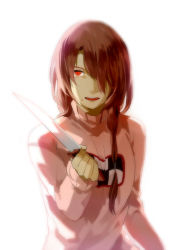 Rule 34 | 1girl, braid, brown hair, getiao, hair over one eye, hair over shoulder, holding, knife, long hair, madotsuki, open mouth, pink shirt, red eyes, shirt, simple background, solo, sweater, tears, turtleneck, twin braids, twintails, white background, yume nikki