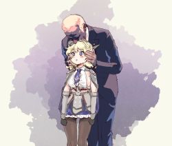 Rule 34 | 1boy, 1girl, black pantyhose, blonde hair, blue eyes, blue neckwear, blush, breasts, capelet, colorado (kancolle), commentary, dongsa wonhyong, elbow gloves, english commentary, feet out of frame, formal, garrison cap, gloves, grey headwear, hat, headgear, joe biden, kantai collection, large breasts, long sleeves, name connection, necktie, object namesake, open mouth, pantyhose, politician, politics, real life, shirt, short hair, sideboob, sleeveless, sleeveless shirt, suit, white shirt