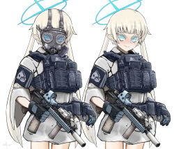 Rule 34 | 1girl, absurdres, ammunition pouch, arius student (blue archive), assault rifle, belt, belt pouch, black gloves, blonde hair, blue archive, blue eyes, bulletproof vest, gas mask, gloves, gun, halo, highres, holding, holding gun, holding weapon, light blush, load bearing vest, looking at viewer, m4 carbine, magazine (weapon), mask, military, mk 18 carbine, multiple views, optical sight, original, bulletproof vest, pointy ears, pouch, rifle, short hair with long locks, smile, strap, suppressor, tactical clothes, weapon, white background, wolfkine