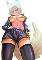 Rule 34 | 1girl, animal ears, bikini, breasts, fox ears, fox girl, fox tail, from below, highres, jacket, kein hasegawa, large breasts, looking at viewer, original, short hair, shorts, smirk, swimsuit, tail, thighhighs, thighs, white hair, wrench, yellow eyes