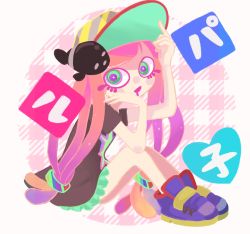 Rule 34 | 1girl, :d, adjusting clothes, adjusting headwear, aqua eyes, aqua skirt, baseball cap, black shirt, character name, clownfish, colored eyelashes, drooling, fish, full body, gradient hair, harmony&#039;s clownfish (splatoon), harmony (splatoon), hat, highres, legs together, low twintails, miniskirt, multicolored clothes, multicolored footwear, multicolored hair, multicolored headwear, nintendo, no eyebrows, no nose, open mouth, orange hair, oversized clothes, oversized shirt, paburo (pablo illust), pink hair, pleated skirt, purple hair, shirt, shoes, short sleeves, sitting, skirt, smile, sneakers, splatoon (series), splatoon 3, striped clothes, striped headwear, tentacle hair, twintails