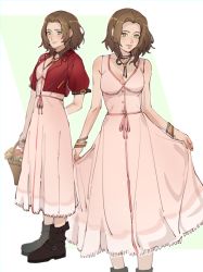 Rule 34 | 1girl, aerith gainsborough, alternate hairstyle, arm behind back, bangle, bare shoulders, basket, boots, border, bracelet, breasts, brown footwear, brown hair, choker, cleavage, cropped jacket, dress, feet out of frame, final fantasy, final fantasy vii, final fantasy vii remake, flower basket, flower choker, full body, green background, green eyes, holding, holding basket, jacket, unworn jacket, jewelry, light smile, long dress, looking at viewer, medium breasts, multiple views, parted bangs, pink dress, pudelmudel, puffy short sleeves, puffy sleeves, red jacket, short hair, short sleeves, skirt hold, standing, sundress, wavy hair
