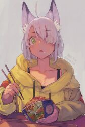 Rule 34 | 1girl, absurdres, animal ear fluff, animal ears, blue nails, bowl, chopsticks, dated, fang, food, food on face, green eyes, grey background, grey hair, hair over one eye, highres, holding, hood, hood down, hoodie, long sleeves, nail polish, open mouth, original, parted lips, short hair, simple background, solo, toro (konirio), tray, twitter username, upper body, yellow hoodie