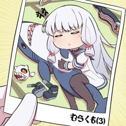 Rule 34 | 1girl, arthur ko, blush stickers, closed eyes, drawing (object), dress, gloves, holding, holding drawing, ikea shark, kantai collection, long hair, murakumo (kancolle), open mouth, pantyhose, pov, sailor collar, sailor dress, shoes, sidelocks, sleeping, solo, stuffed animal, stuffed shark, stuffed toy, unworn shoes, very long hair, white gloves