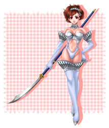 Rule 34 | 1girl, atlus, boots, breasts, brown hair, cleavage, elbow gloves, gloves, high-cut armor (persona), naginata, navel, persona, persona 3, persona 3 portable, polearm, red eyes, shiomi kotone, solo, thigh boots, thighhighs, weapon