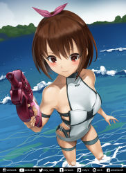 Rule 34 | 1girl, arm strap, bare shoulders, blush, bow, brown eyes, brown hair, bullpup, collarbone, day, foreshortening, from above, gun, hair bow, highres, indy k, llenn (sao), ocean, one-piece swimsuit, p-chan (p90), p90, personal defense weapon, solo, standing, submachine gun, swimsuit, sword art online, sword art online alternative: gun gale online, water, weapon