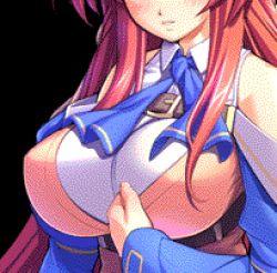 Rule 34 | animated, animated gif, ascot, belt, blush, bouncing breasts, breasts, close-up, detached sleeves, gunner-l, harukaze yumari, huge breasts, large breasts, long hair, lowres, non-web source, oppai baka, red hair, school uniform, solo, very long hair