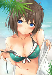 Rule 34 | 10s, 1girl, absurdres, adapted costume, alternate costume, aqua bikini, beach, bikini, blue eyes, blush, breasts, brown hair, cleavage, commentary request, day, front-tie top, hair ornament, head tilt, highres, kantai collection, large breasts, looking at viewer, maya (kancolle), maya kai ni (kancolle), navel, ocean, off shoulder, outdoors, revision, saku (kudrove), short hair, smile, solo, swimsuit, undressing, water