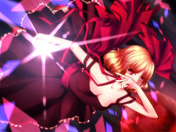 Rule 34 | 1girl, bad id, bad pixiv id, blonde hair, breasts, dress, embodiment of scarlet devil, female focus, gradient background, red eyes, rumia, saraso-ju, short hair, solo, touhou