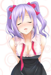 Rule 34 | 10s, 1girl, arms behind back, bow, breasts, cleavage, collarbone, closed eyes, hair between eyes, hair bow, idolmaster, idolmaster cinderella girls, kanzaki ranko, kirisaki byakko, leaning forward, long hair, medium breasts, purple hair, red bow, sleeveless, solo, standing, twintails, untied, upper body, waiting for kiss, white background