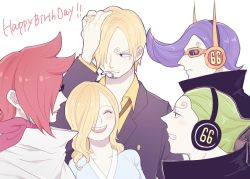 Rule 34 | 1girl, 4boys, age difference, artist request, blonde hair, blue hair, green hair, long hair, mother and son, multiple boys, one piece, red hair, sanji (one piece), smile, source request, vinsmoke family, vinsmoke ichiji, vinsmoke niji, vinsmoke sora, vinsmoke yonji