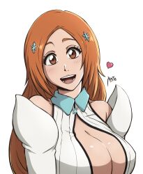Rule 34 | 1girl, :d, artist name, bleach, bleach: sennen kessen-hen, breasts, brown eyes, brown hair, cleavage, cleavage cutout, clothing cutout, collared shirt, commentary, cropped shirt, detached sleeves, english commentary, hair ornament, hairpin, head tilt, heart, highres, inoue orihime, large breasts, long hair, looking at viewer, mistowing, open mouth, parted bangs, shirt, sleeveless, sleeveless shirt, smile, solo, striped clothes, striped shirt, upper body, vertical-striped clothes, vertical-striped shirt, white background, white shirt, white sleeves