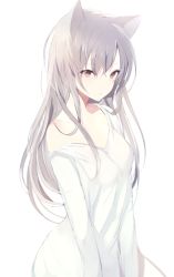 Rule 34 | 1girl, animal ears, bare shoulders, breasts, brown eyes, brown hair, cat ears, collarbone, grey hair, long hair, long sleeves, looking at viewer, lpip, off shoulder, open mouth, original, shirt, simple background, solo, upper body, white background, white shirt