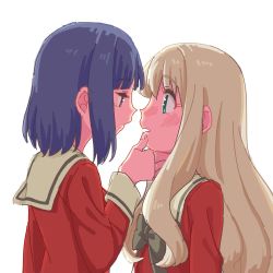 Rule 34 | 2girls, absurdres, backlighting, black hair, blonde hair, blush, bow, commentary request, couple, deathroling, face-to-face, from side, green eyes, hand on another&#039;s chin, highres, imminent kiss, kawamura reo, long hair, long sleeves, medium hair, multiple girls, open mouth, red eyes, red shirt, sawaguchi mai, school uniform, shirt, sono hanabira ni kuchizuke wo, white background, yuri