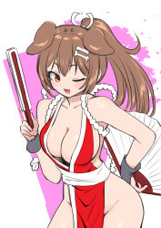 Rule 34 | 1girl, animal ears, bone hair ornament, breasts, brown eyes, brown hair, cleavage, collarbone, cosplay, dog ears, fatal fury, folding fan, groin, hair ornament, hand fan, hand on own hip, highres, hololive, inugami korone, large breasts, one eye closed, open mouth, pelvic curtain, ponytail, sabaku chitai, shiranui mai, shiranui mai (cosplay), smile, solo, the king of fighters, upper body, virtual youtuber