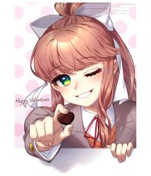 Rule 34 | 1girl, ;), brown hair, candy, chocolate, chocolate heart, commentary, doki doki literature club, english commentary, food, green eyes, grey jacket, hair ribbon, happy valentine, heart, highres, jacket, long hair, long sleeves, looking at viewer, mixed-language commentary, monika (doki doki literature club), nan (gokurou), one eye closed, parted lips, polka dot, polka dot background, ponytail, reaching, reaching towards viewer, ribbon, school uniform, smile, solo, through medium, through screen, valentine, watermark, white ribbon