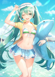 Rule 34 | 1girl, ;d, absurdres, aqua eyes, aqua hair, arm up, artist name, bikini, bikini skirt, bikini top only, blue skirt, blue sky, blurry, breasts, cloud, collarbone, day, depth of field, front-tie bikini top, front-tie top, goggles, goggles on head, hatsune miku, highres, inflatable toy, long hair, looking at viewer, miniskirt, navel, one eye closed, open clothes, open mouth, open shirt, outdoors, shirt, skirt, sky, small breasts, smile, snorkel, solo, soyubee, standing, stomach, striped bikini, striped bikini top, striped clothes, sunlight, swimsuit, thighs, twintails, very long hair, vocaloid, water, wristband, yellow shirt