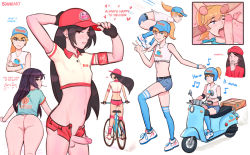 Rule 34 | 2boys, arm up, ass, baseball cap, bicycle, black hair, blonde hair, blue eyes, blush, bottomless, brown eyes, caustic crayon, crossdressing, english text, erection, fellatio, hat, long hair, male focus, multiple boys, oral, original, penis, penis on face, ponytail, shorts, surrounded by penises, tennis, testicles, thighhighs, trap, v, yaoi