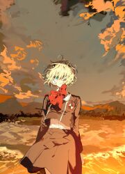 1girl aegis_(persona) android artist_request beach black_skirt blonde_hair blue_eyes bow bowtie gekkoukan_high_school_uniform hairband headphones highres looking_at_viewer mountainous_horizon nature persona persona_3 red_bow ribbon school_uniform short_hair skirt solo sunset surprised waves wide-eyed wind